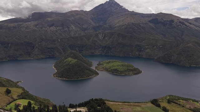 Aerial View of Cuicocha Crater Lake and Islands in Andes Mountains Ecuador