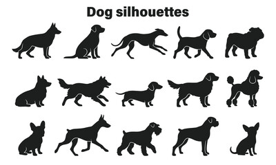 Obraz premium Collection of 12 dog breed silhouettes in flat vector style for design and education