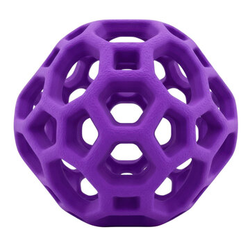 Purple hollow spherical lattice structure inspired by a fullerene or buckyball molecule isolated on transparent background