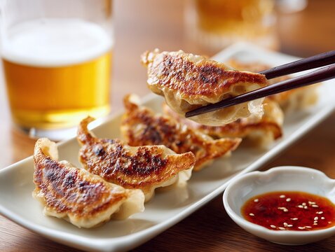 箸で持ち上げた焼き立ての熱々な餃子と冷えたビールにタレが添えられた美味しそうな食卓