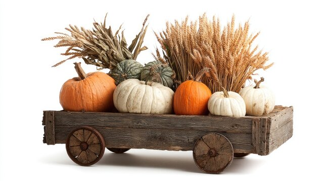 Rustic wooden harvest wagon with pumpkins wheat sheaves and autumn farm produce seasonal agriculture display isolated on white background