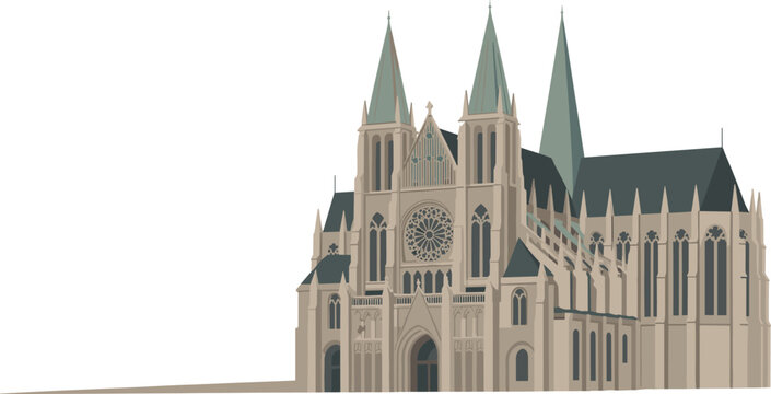 Detailed gothic cathedral facade with twin towers rose window historic European church architecture landmark illustration classical religious building design