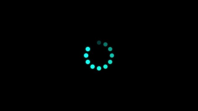 Loading spinner with blue dots on black background, representing waiting, buffering, or process completion in technology and web design