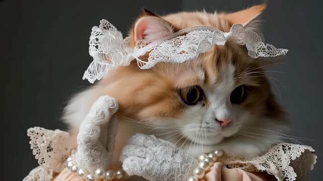 Elegant feline in vintage attire, adorned with lace and pearls, exudes charming and whimsical aura, showcasing serene expression that enhances enchanting atmosphere