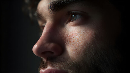 Obraz premium Close up side profile portrait of thoughtful young man with dramatic light introspection and mental health concept