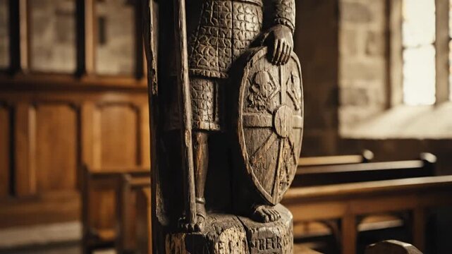 Intricate Carved Wooden Statue of Warrior in Church with Shield and Pole Arm, Historic Carving