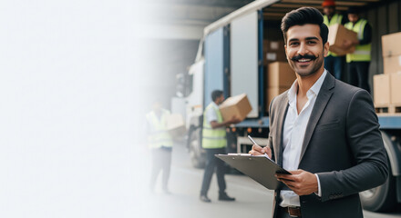 Fototapeta premium Smiling Logistics Manager Oversees Warehouse Operations with Clipboard