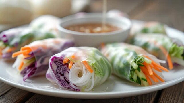 4k slow motion fresh spring rolls with colorful vegetables on wooden table