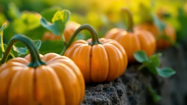 A row of bright orange pumpkins growing in a field. Green leaves surround the pumpkins, with a warm golden light illuminating the scene.
