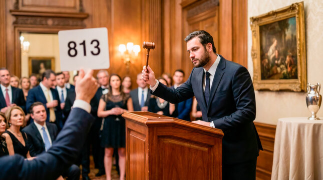 A man stands at a podium holding a gavel while an attendee raises a bid number. Many people watch in a large room with artwork and elegant decorations