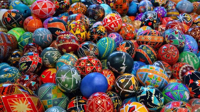 Detailed view of colorful hand painted Ukrainian Pysanky eggs. Close-up top view of numerous colorful Pysanky eggs featuring traditional geometric and floral designs in New York.