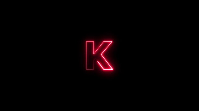 Abstract beautiful glowing flickering neon letter K icon animation, on a black background.