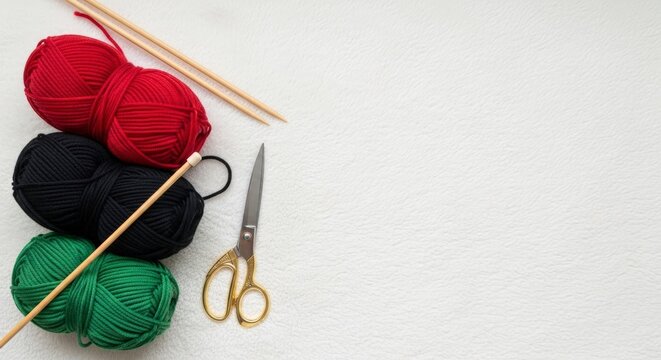Knitting tools and colorful yarn balls.