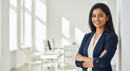 Obraz premium Confident Indian Businesswoman Smiling in Modern Office