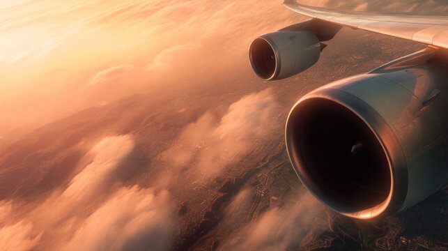Airplane engine and wing soaring above clouds during a golden sunset