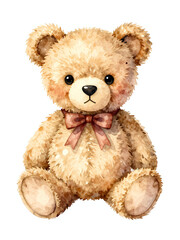 Fototapeta premium A cute teddy bear with a pink bow sits on a flat surface in a room. The bear has soft fur and a friendly face. The light from the room highlights its features Generative AI