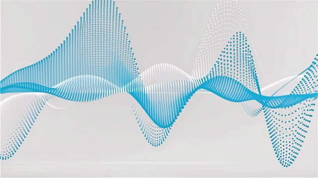 An intricate abstract visualization of flowing sound waves and data streams, depicted as undulating blue and white dotted lines against a light gray background.