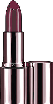 Flat design lipstick vector icon with dark berry color and minimalist metallic case for beauty blog graphics