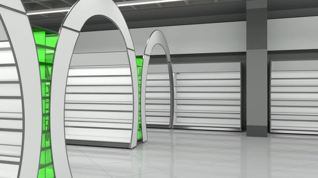 Sliding motion in modern retail store with rows of curved gondola shelving and under arched banners. 3d animation