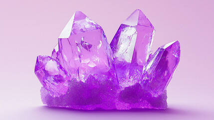 Fototapeta premium A stunning cluster of radiant purple amethyst crystals with facets sparkling against a soft pastel background