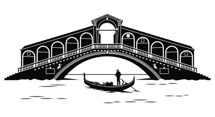 A striking black and white illustration depicts a venetian bridge and gondola with a figure a captivating silhouette high quality professional © mrvect02