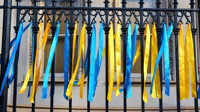 Close up of blue and yellow ribbons tied to fence. Symmetrical rows of blue and yellow satin ribbons attached to a decorative black wrought iron fence in New York City.