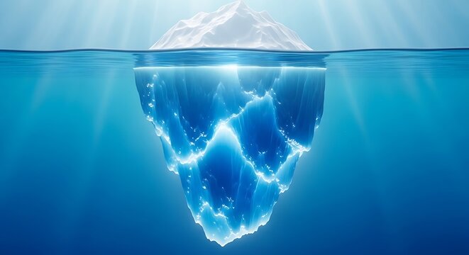 A view of a massive iceberg showing the hidden part submerged deep beneath the ocean surface area. iceberg metaphor