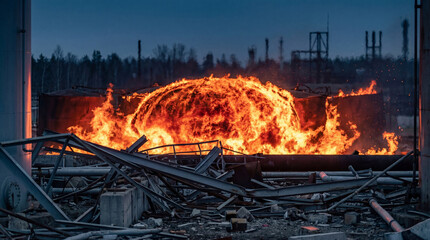 Obraz premium Fire ball explosion at industrial plant facility. Metal wreckage scattered after heavy bomb strike. Tragedy of military destruction and armed conflict in dangerous zone of modern war.