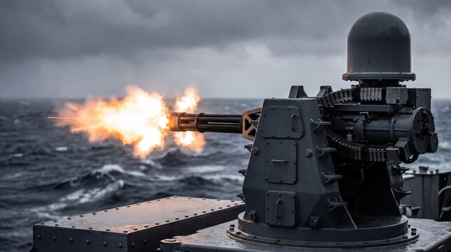 Navy gatling gun firing on a warship deck at sea. Automatic close-in weapon system shooting shells. Modern marine military combat action and maritime defense technology exercise.