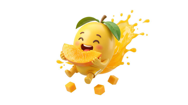3d cheerful cartoon mango character jumping with joy while eating a slice of mango on transparent background
