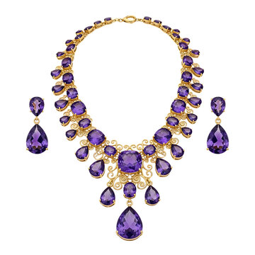 Luxurious gold amethyst jewelry set with purple gemstones