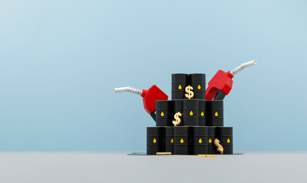 Fuel price increase concept oil barrels with dollar symbol and gas pump rising energy cost