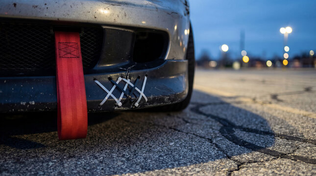 Car bumper stitched with plastic zip tie and red tow strap. Automotive DIY repair and customization concept. Street tuning style for sport vehicle performance and custom modification.
