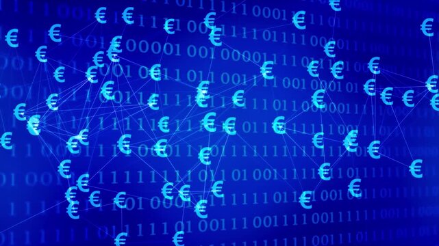 animated euro sign grid isolated on bright blue binary code background, symbolic illustration for digital euro payment technology, abstract motion design concept