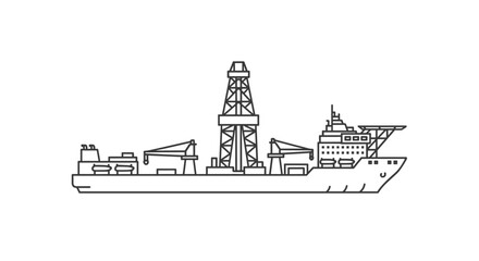 Obraz premium Offshore drilling vessel with oil rig tower and cranes line icon illustration for marine petroleum industry