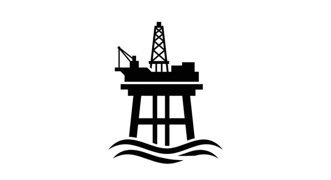 Offshore oil platform silhouette icon above ocean waves for marine petroleum drilling industry