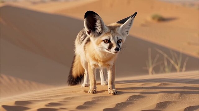 Small, adorable fennec fox with large ears standing confidently on a sandy dune in the golden desert sunlight looking directly at the camera.