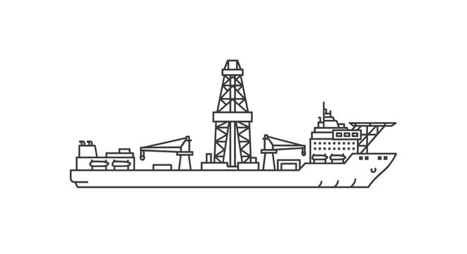 Offshore drilling vessel with oil rig tower and cranes line icon illustration for marine petroleum industry