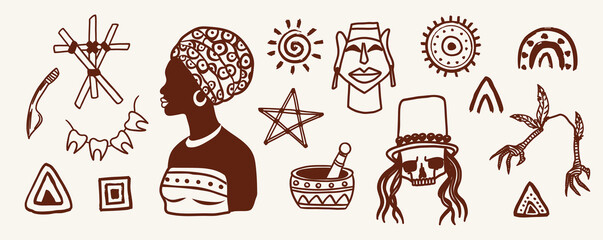 African voodoo spirituality featuring a mystical priestess, Papa Legba symbolism, ritual elements, and shamanic signs. Artistic ethnic spiritual motifs  © Viktoriia Patapova 