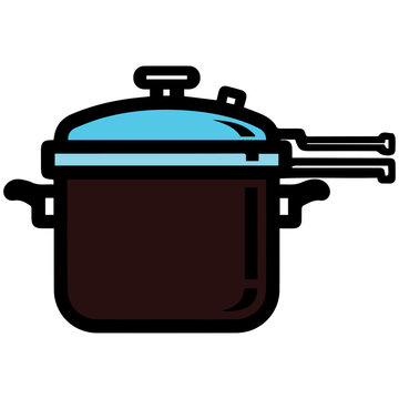 Large pressure cooker steamer pot colored illustration blue lid. Kitchen cookware vector graphic design element cooking equipment icon.