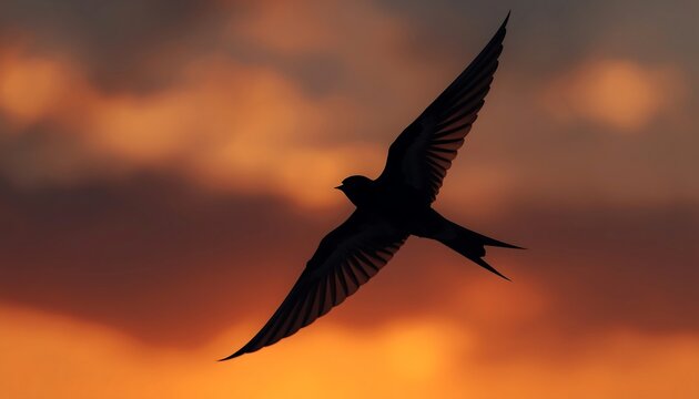 A swift swallow with slender wings and unique tail flies in silhouette against a warm, cloudy sky.