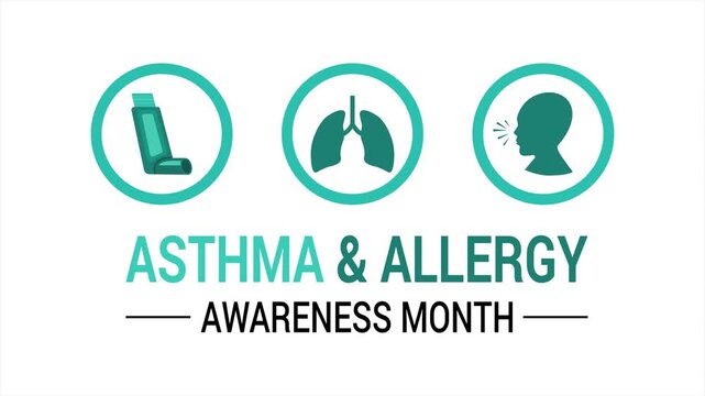 Video animation created to  Asthma and Allergy Awareness Month with minimal icons and modern blue theme in smooth motion. Asthma inhaler, lungs, and allergy symbols.