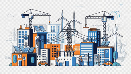 Obraz premium Smart City Development and Green Energy Infrastructure Illustration. Hand-Drawn Urban Sketch with Solar Panels, Wind Turbines, and Construction.