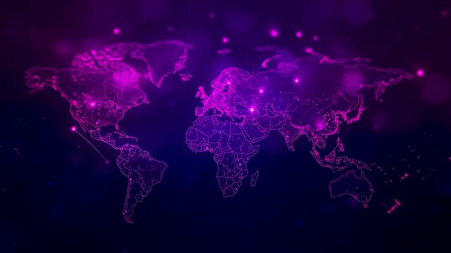 Glowing purple world map formed by connected dots and lines on dark background displaying global continents and network connections