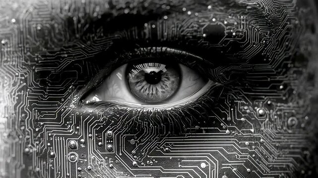 Extreme close up of human eye with intricate circuit board patterns etched across skin and iris in black and white
