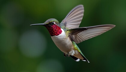Naklejka premium A beautiful hummingbird with a vibrant ruby-red throat and green feathers hovers mid-air against a soft, blurred green natural background.