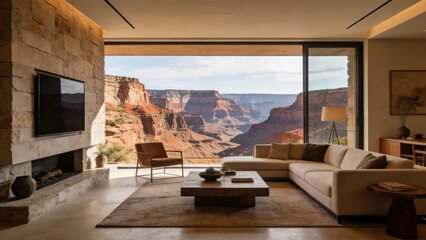 Obraz premium Modern living room with panoramic view of a canyon landscape through large windows