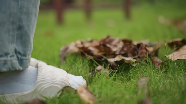 Closeup socked foot pushing leaf pile, active backyard cleanup with jeans leg and visible rake tines gathering crisp brown leaves, dynamic motion, seasonal garden maintenance, energetic weekend chore,