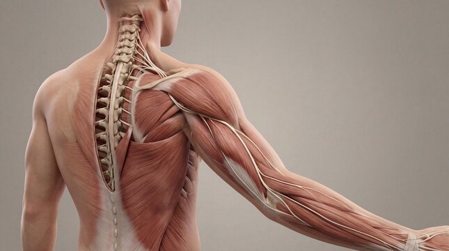 Back view highlighting spinal cord and branching peripheral nerves 3D