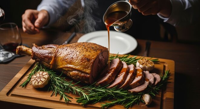 Roasted ham with gravy being poured.